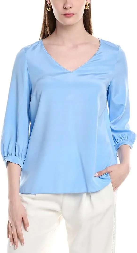 Lantern Sleeve V-Neck Silk-Blend Blouse