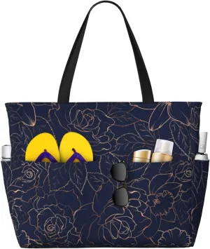 Large Beach Tote Bag for Women Extra Large Capacity Waterproof Sandproof Pool Bag Suitable for Swimming Pool Gym Travel Groceries Copper-Gold Gloss Outline Navy Dark Blue