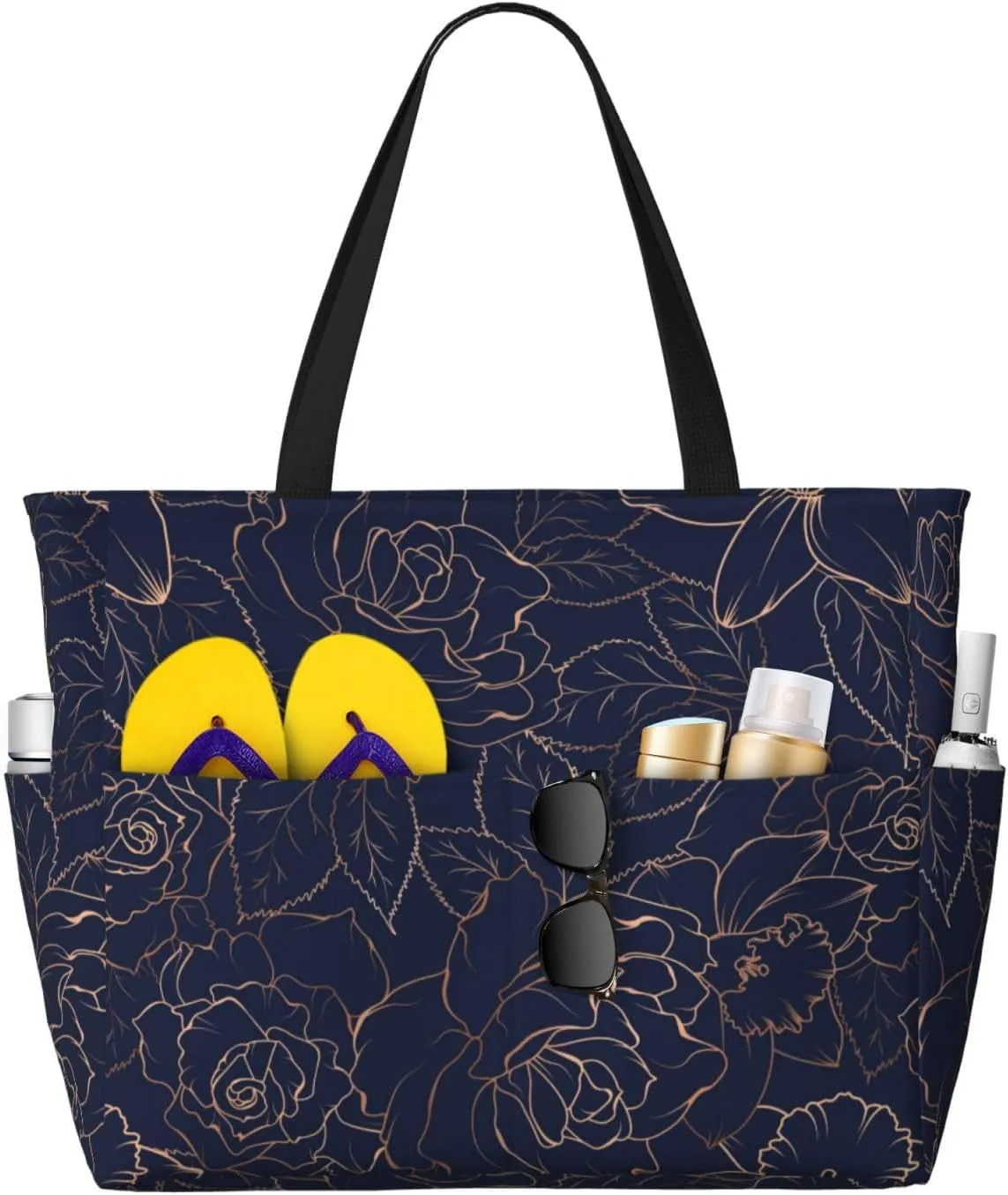Large Beach Tote Bag for Women Extra Large Capacity Waterproof Sandproof Pool Bag Suitable for Swimming Pool Gym Travel Groceries Copper-Gold Gloss Outline Navy Dark Blue