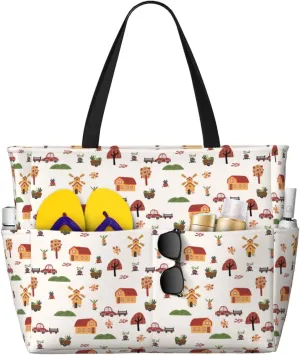 Large Beach Tote Bag for Women Extra Large Capacity Waterproof Sandproof Pool Bag Suitable for Swimming Pool Gym Travel Groceries Houses and Windmill