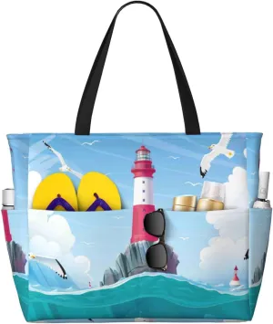 Large Beach Tote Bag for Women Extra Large Capacity Waterproof Sandproof Pool Bag Suitable for Swimming Pool Gym Travel Groceries Lighthouse Sea Port