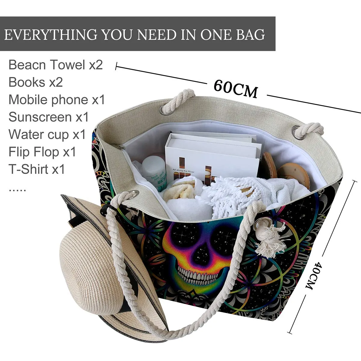 Large Canvas Skull Tote Bag