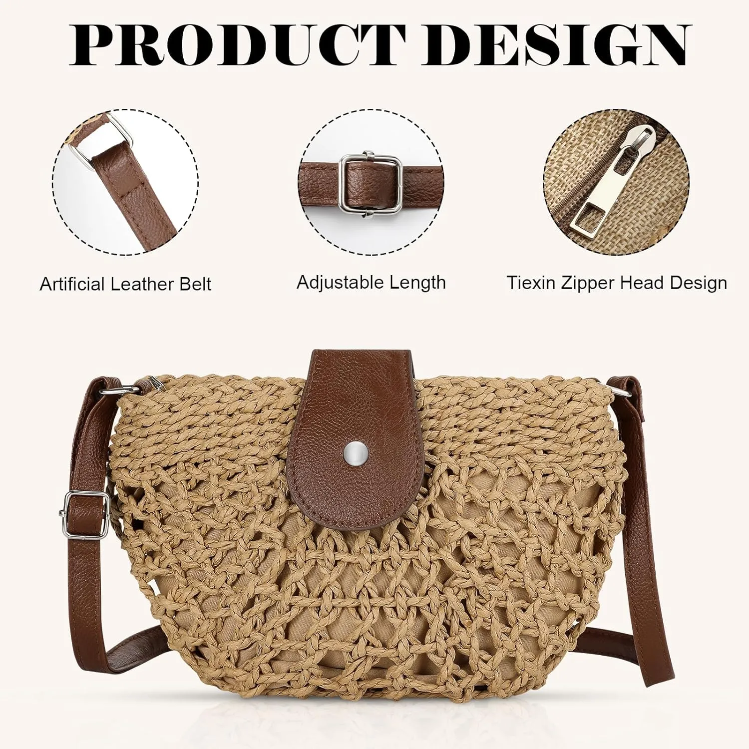 LEVOTIER Woven Straw Crossbody Bags for Women - Handmade Casual Beach Purse