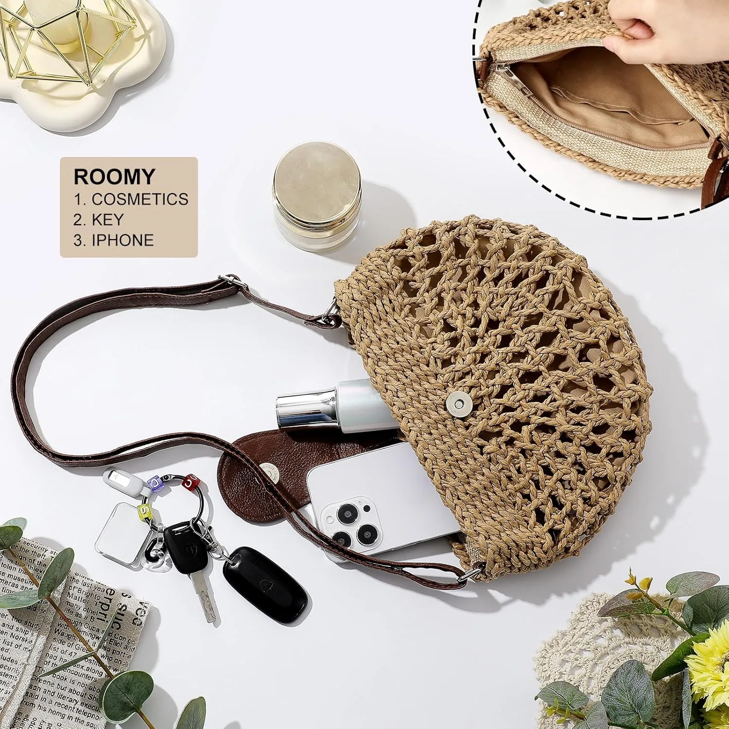 LEVOTIER Woven Straw Crossbody Bags for Women - Handmade Casual Beach Purse
