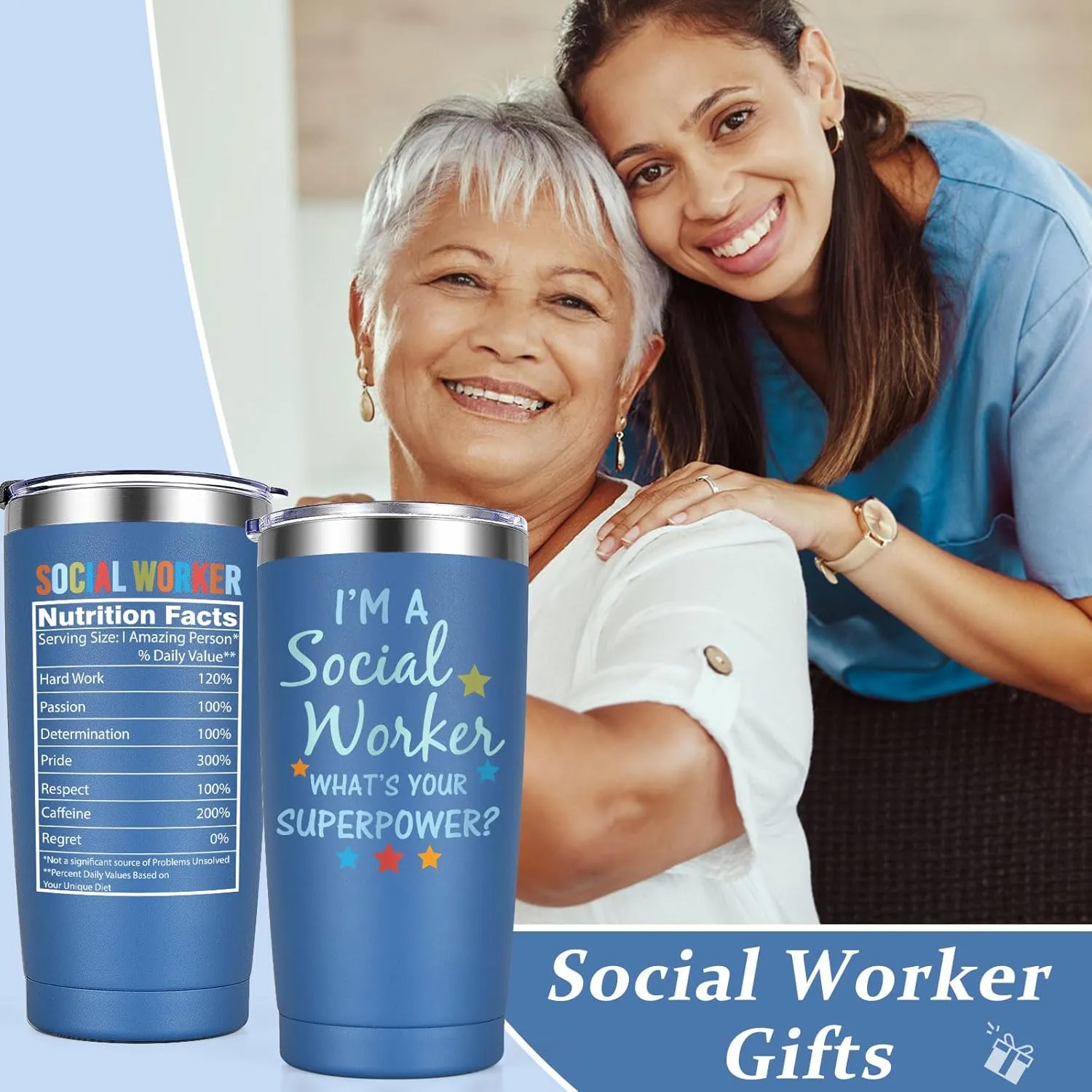 Lifecapido Social Worker Gifts for Women Men, Social Worker 20oz Tumbler with Badge Reel and Ballpoint Pen, Social Worker Appreciation Gifts, Birthday Gifts Graduation Gifts for BSW MSW DSW, Blue