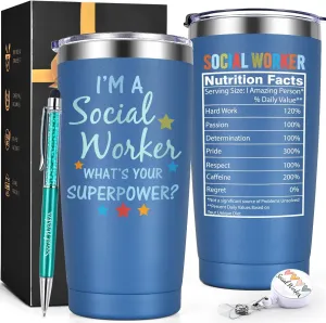 Lifecapido Social Worker Gifts for Women Men, Social Worker 20oz Tumbler with Badge Reel and Ballpoint Pen, Social Worker Appreciation Gifts, Birthday Gifts Graduation Gifts for BSW MSW DSW, Blue