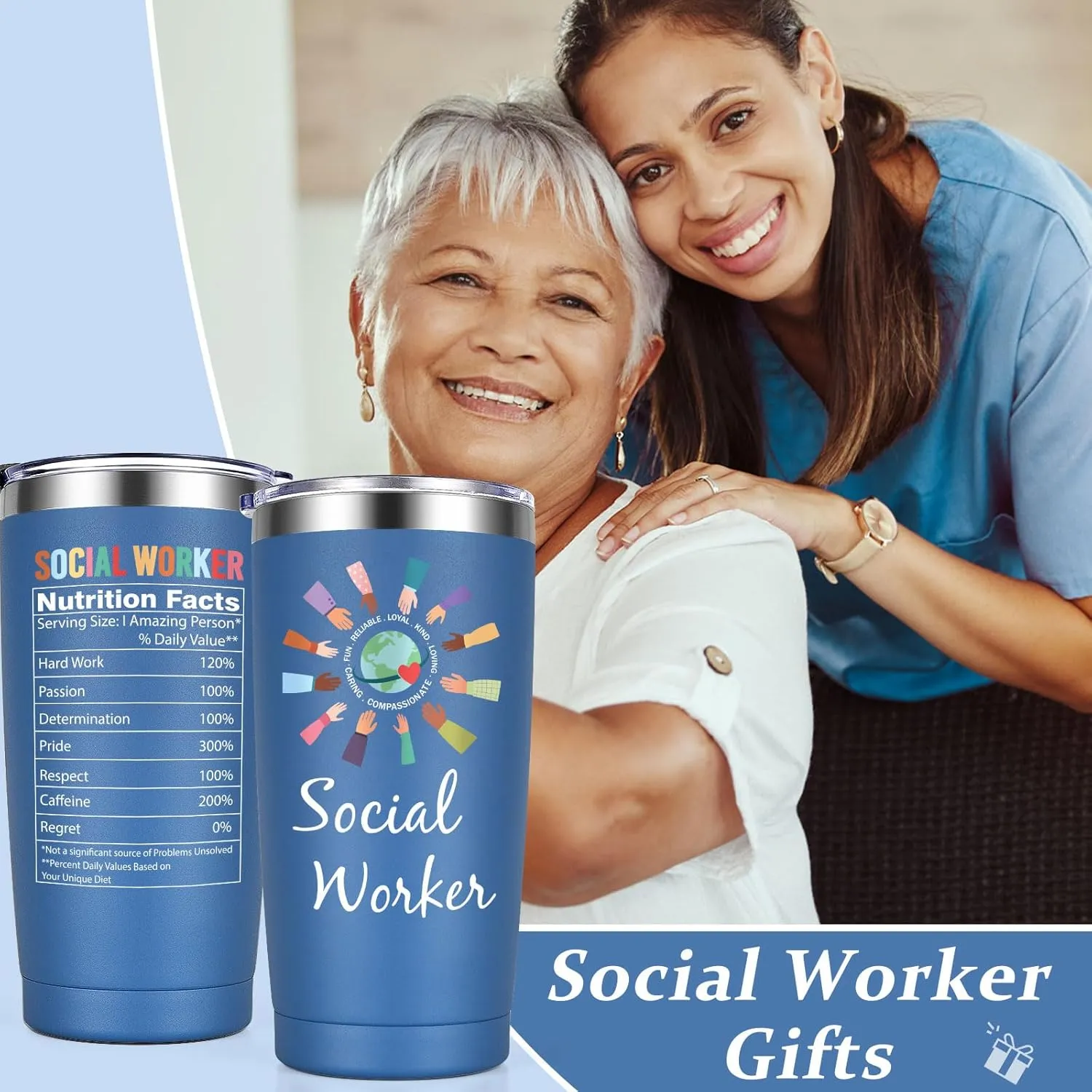 Lifecapido Social Worker Gifts for Women Men, Social Worker Appreciation Gifts, Social Worker 20oz Tumbler with Badge Reel and Ballpoint Pen, Birthday Gifts Graduation Gifts for BSW MSW DSW, Blue