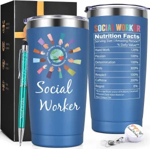 Lifecapido Social Worker Gifts for Women Men, Social Worker Appreciation Gifts, Social Worker 20oz Tumbler with Badge Reel and Ballpoint Pen, Birthday Gifts Graduation Gifts for BSW MSW DSW, Blue