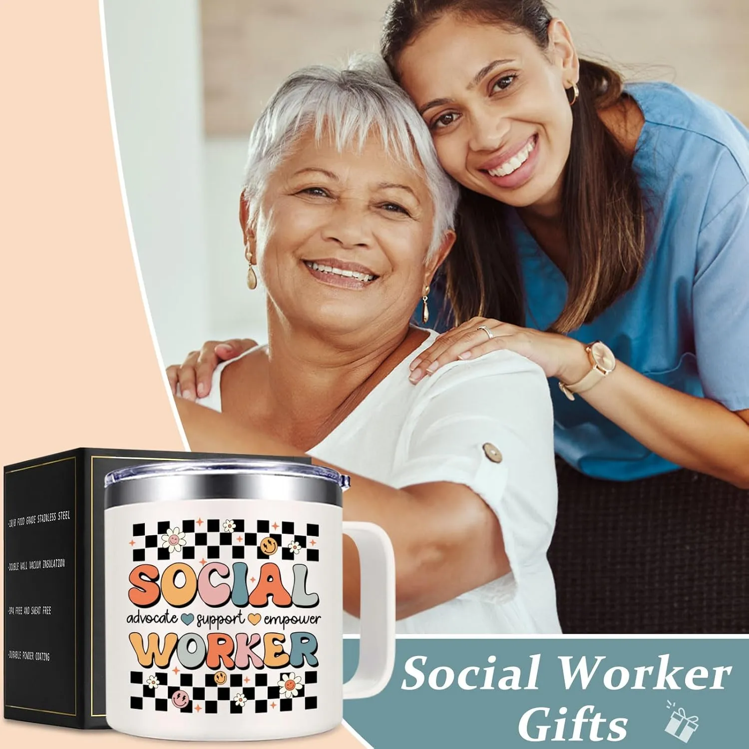 Lifecapido Social Worker Gifts for Women, Social Worker Appreciation Gifts, Social Worker 14oz Coffee Mug with Badge Reel, Social Work Month Gifts, Birthday Graduation Gifts for BSW MSW DSW, Creamy