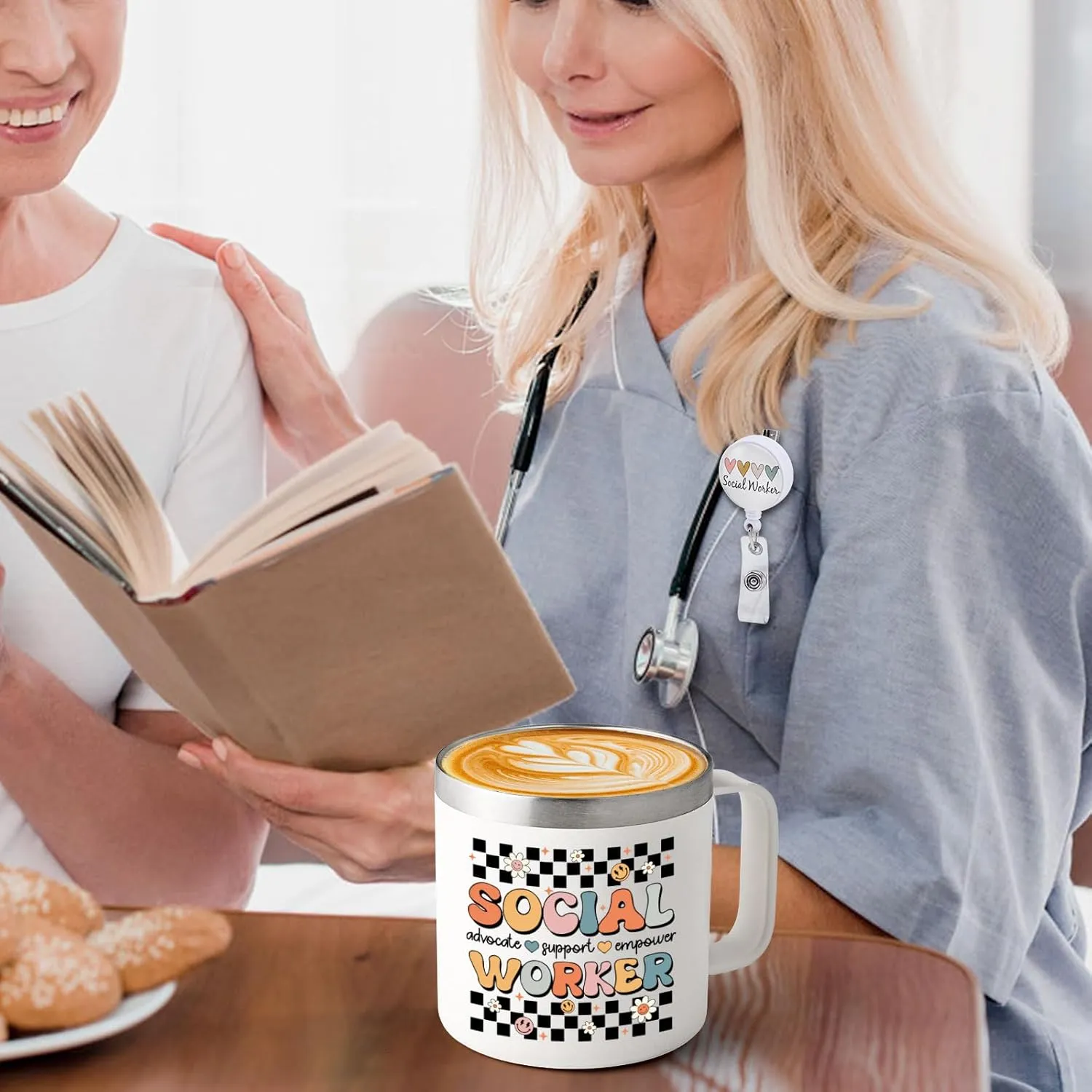 Lifecapido Social Worker Gifts for Women, Social Worker Appreciation Gifts, Social Worker 14oz Coffee Mug with Badge Reel, Social Work Month Gifts, Birthday Graduation Gifts for BSW MSW DSW, Creamy