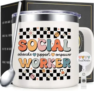 Lifecapido Social Worker Gifts for Women, Social Worker Appreciation Gifts, Social Worker 14oz Coffee Mug with Badge Reel, Social Work Month Gifts, Birthday Graduation Gifts for BSW MSW DSW, Creamy