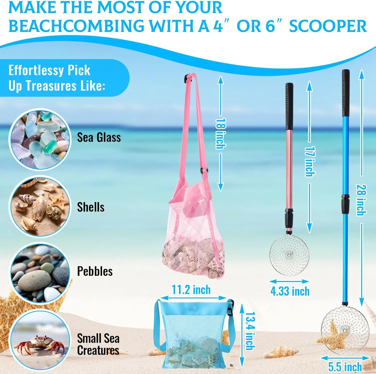 Liliful 6 Pcs Shelling Tools for Beach Include 2 Beach Sand Sifter with Adjustable Handle 2 Beach Mesh Shovel Sand Scoop 2 Mesh Shell Collecting Bag for Picking up Shell Shark Teeth Toy (Pink, Blue)
