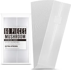 LOSTRONAUT 60-Pack Mushroom Grow Bags - Extra Strong, Large Autoclave Bags with 2 Micron Fiber for Spawn, CO2 Control, Cultivation Kit & Gardening Supplies - Mushroom Growing Kit