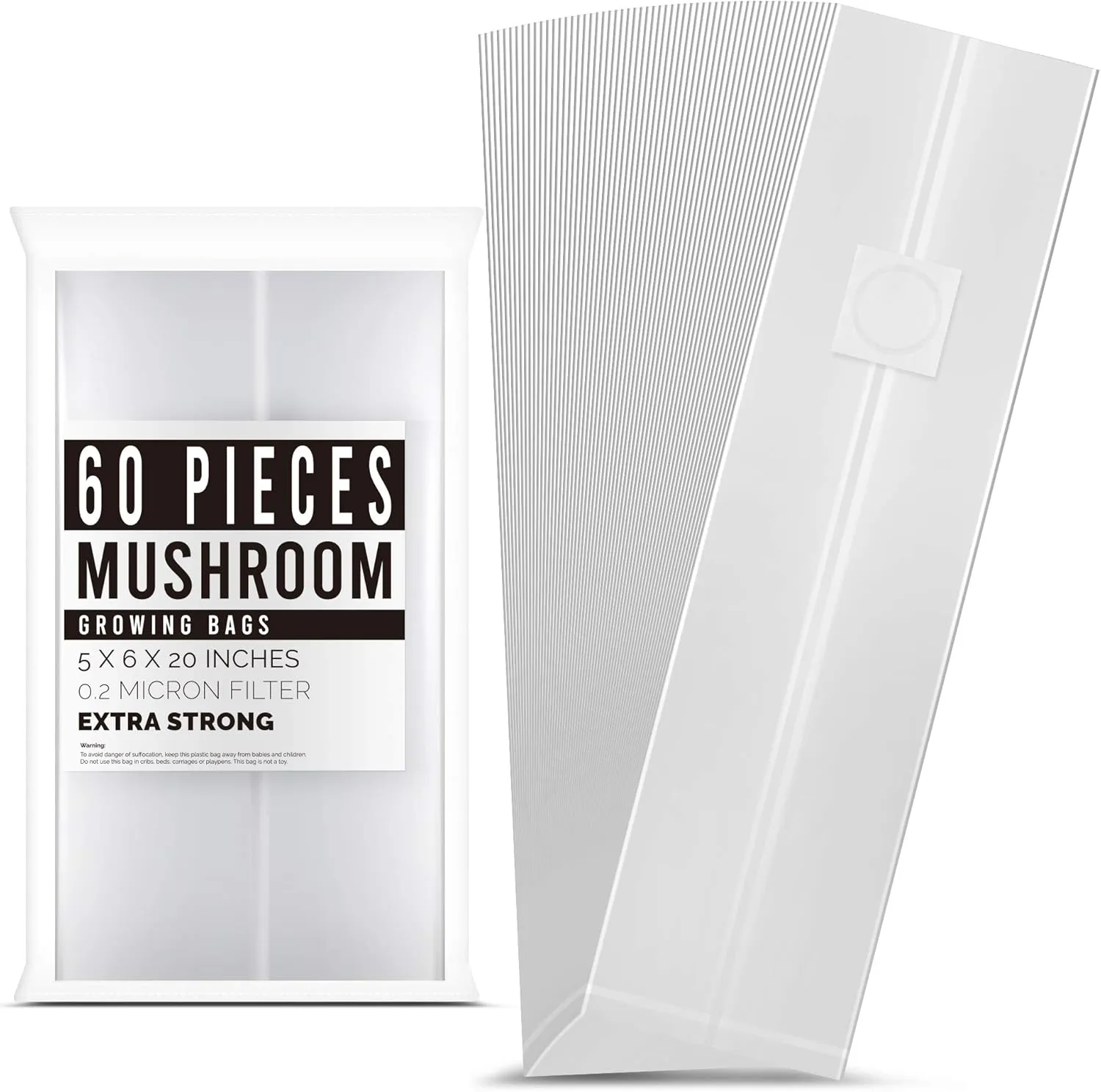 LOSTRONAUT 60-Pack Mushroom Grow Bags - Extra Strong, Large Autoclave Bags with 2 Micron Fiber for Spawn, CO2 Control, Cultivation Kit & Gardening Supplies - Mushroom Growing Kit
