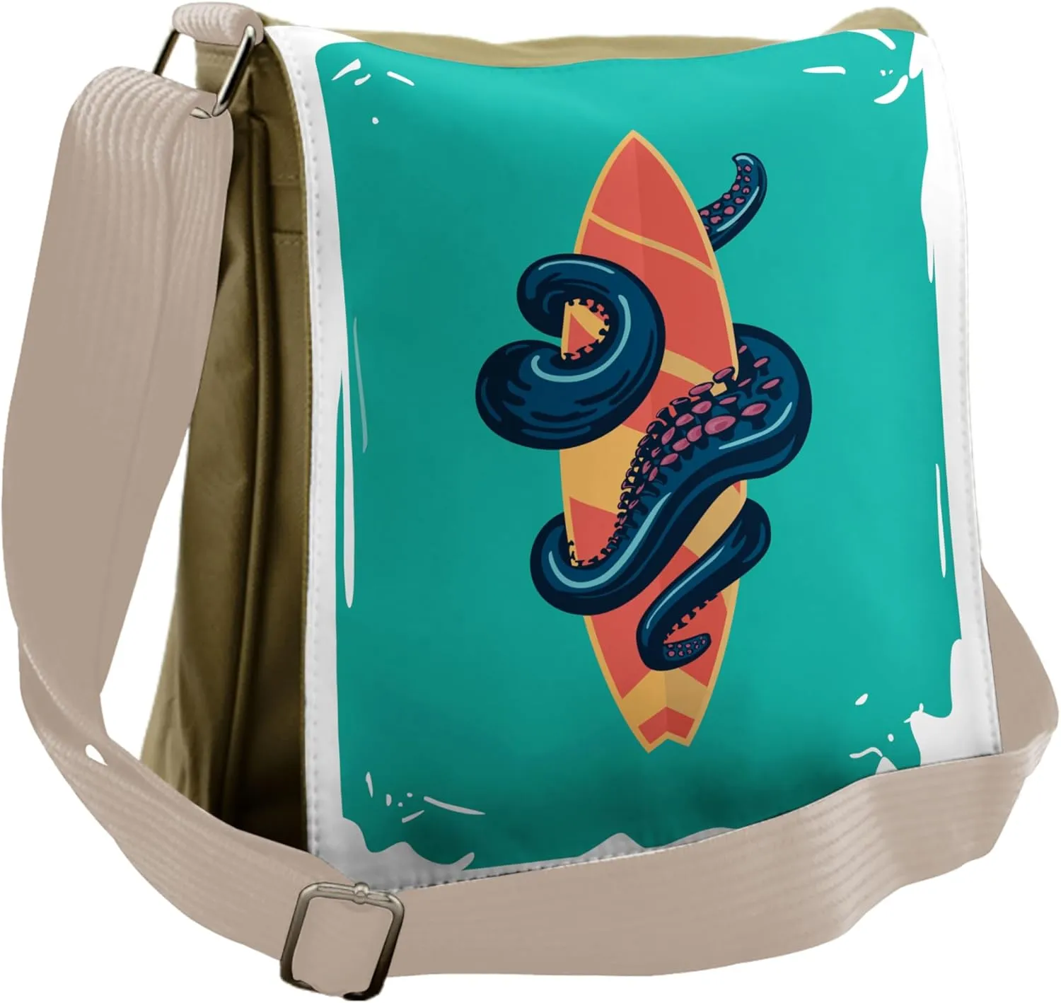 Lunarable Octopus Messenger Bag, Tentacles with Surf Board, Unisex Cross-body