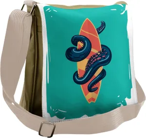 Lunarable Octopus Messenger Bag, Tentacles with Surf Board, Unisex Cross-body