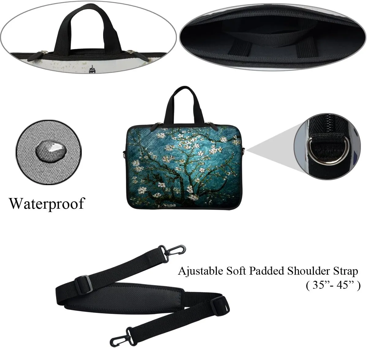 Meffort Inc 12 Inch Neoprene Laptop Sleeve Bag - Water Resistant, Hidden Handle, Adjustable Shoulder Strap, Dual Zipper, Fits Up to 11.6” - 12" Laptops - Almond Blossoming