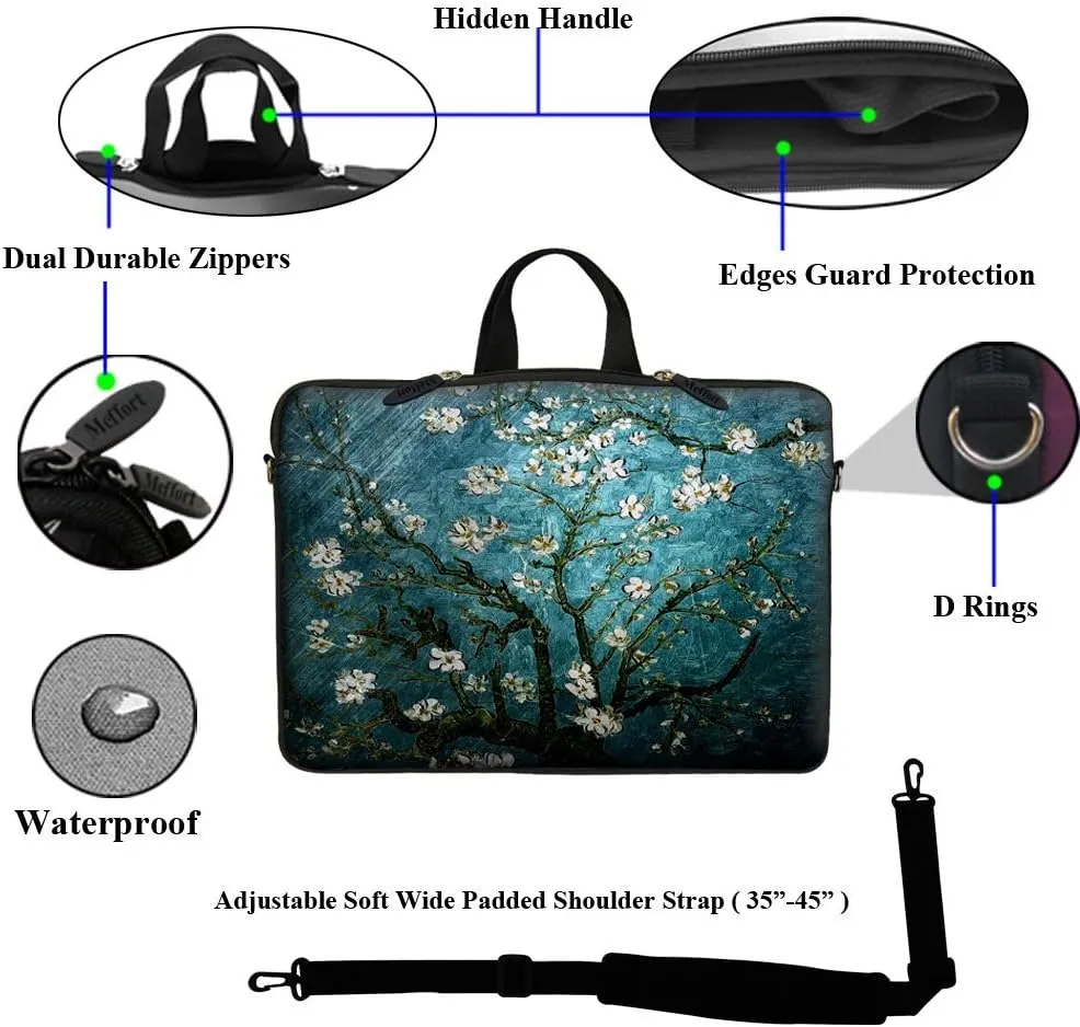 Meffort Inc® 15 15.6 inch Neoprene Laptop Sleeve Bag Carrying Case with Hidden Handle and Adjustable Shoulder Strap - Vincent Van Gogh Almond Blossoming
