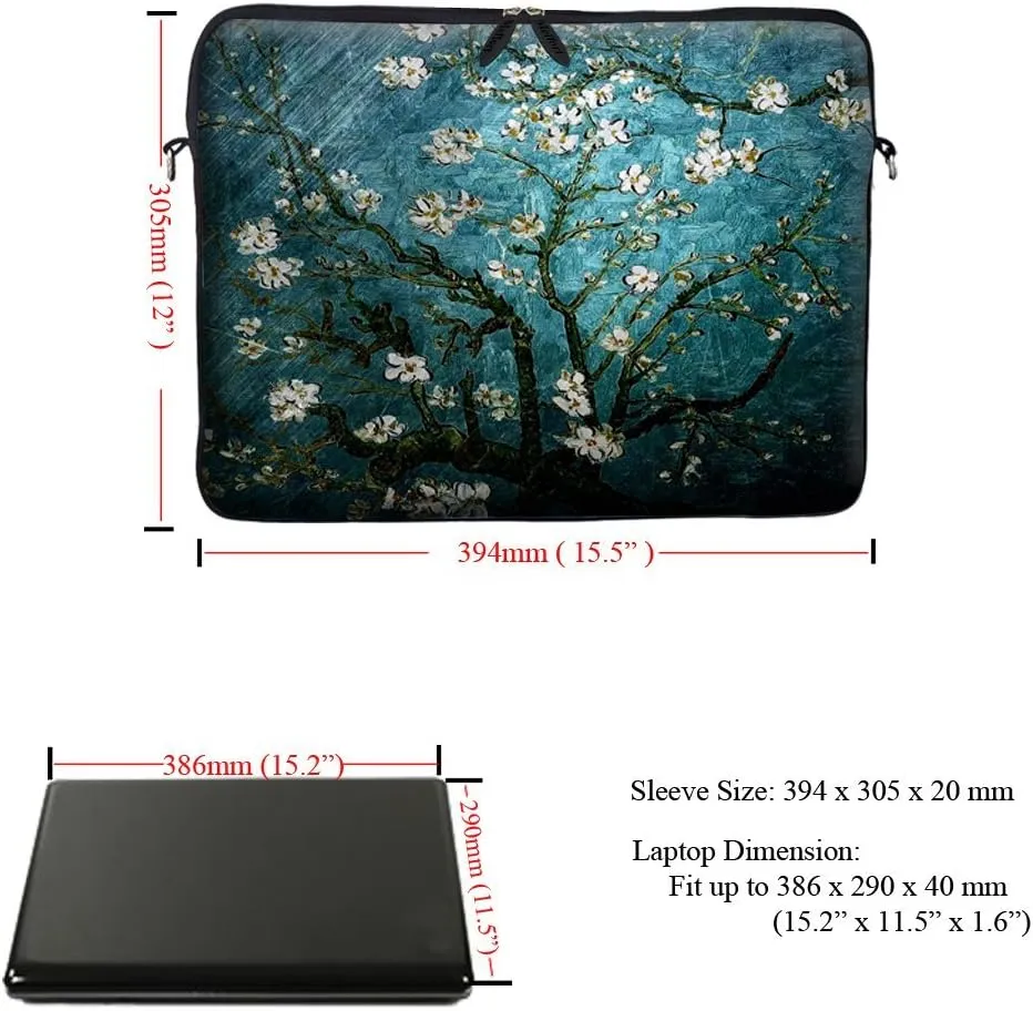 Meffort Inc® 15 15.6 inch Neoprene Laptop Sleeve Bag Carrying Case with Hidden Handle and Adjustable Shoulder Strap - Vincent Van Gogh Almond Blossoming
