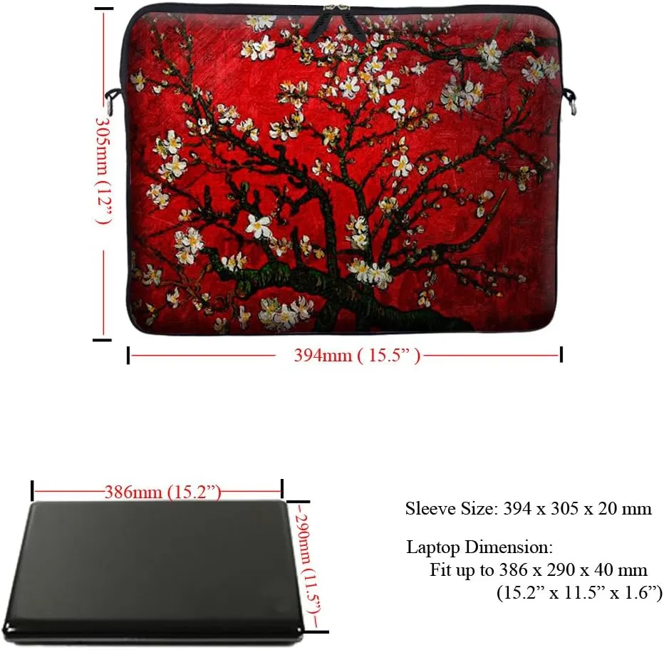 Meffort Inc® 15 15.6 inch Neoprene Laptop Sleeve Bag Carrying Case with Hidden Handle and Adjustable Shoulder Strap - Vincent Van Gogh Cherry Blossoming