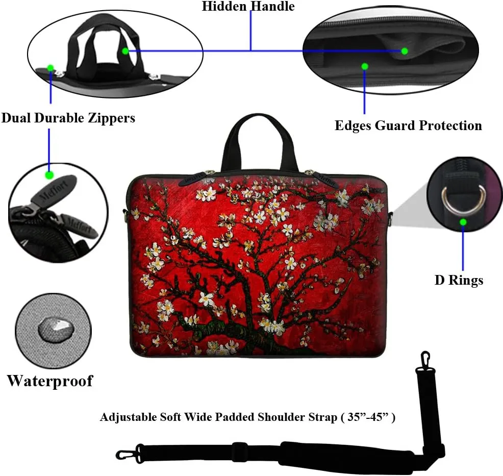 Meffort Inc® 15 15.6 inch Neoprene Laptop Sleeve Bag Carrying Case with Hidden Handle and Adjustable Shoulder Strap - Vincent Van Gogh Cherry Blossoming