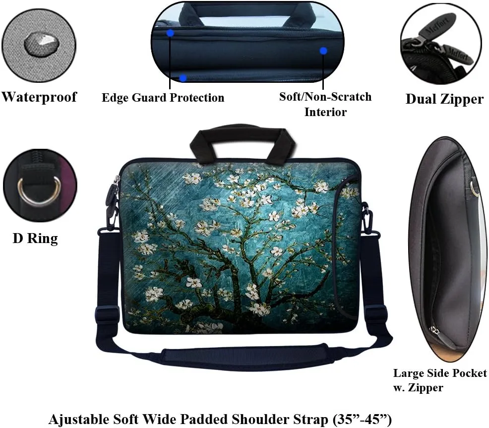 Meffort Inc 15.6 Inch Neoprene Laptop Bag – Water Resistant, Reinforced Zipper, Adjustable Shoulder Strap, Extra Side Pocket, Fits 15 to 15.6 Inch Laptops - Almond Blossoming