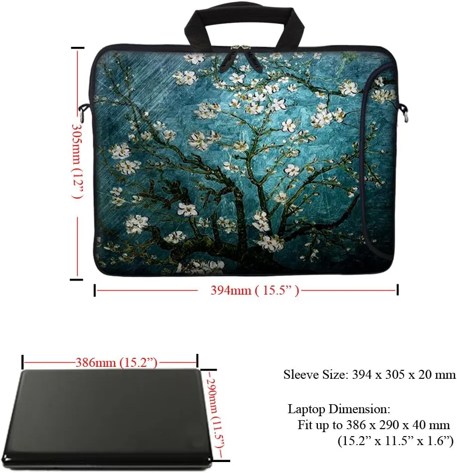 Meffort Inc 15.6 Inch Neoprene Laptop Bag – Water Resistant, Reinforced Zipper, Adjustable Shoulder Strap, Extra Side Pocket, Fits 15 to 15.6 Inch Laptops - Almond Blossoming