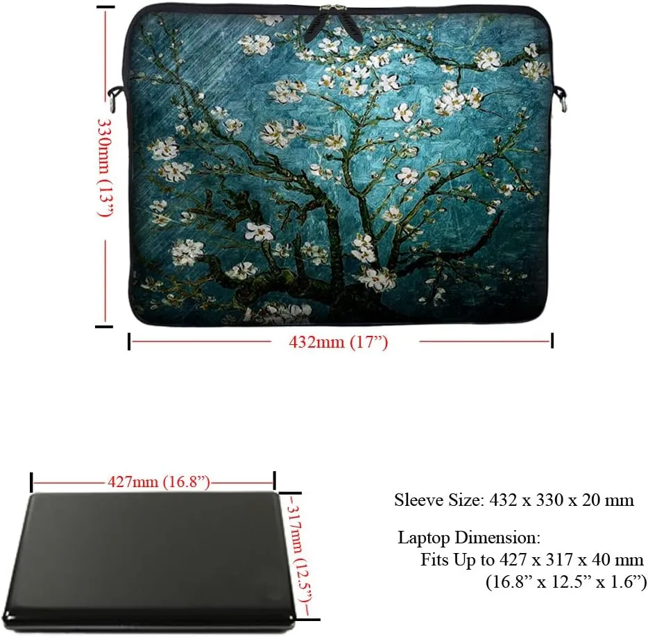 Meffort Inc 17 17.3 inch Neoprene Laptop Sleeve Bag Carrying Case with Hidden Handle and Adjustable Shoulder Strap - Vincent van Gogh Almond Blossoming