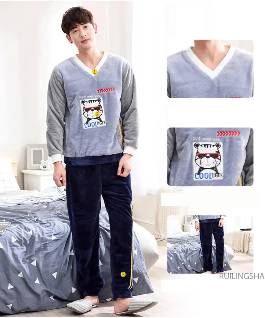 Men's Autumn and Winter Coral Fleece Thick Flannel Long-Sleeved Trousers Cute Cartoon Plush Pajamas Set Grey XL