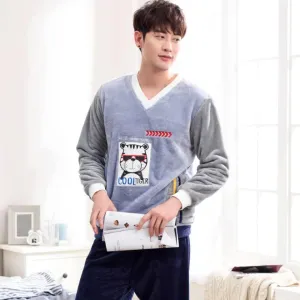 Men's Autumn and Winter Coral Fleece Thick Flannel Long-Sleeved Trousers Cute Cartoon Plush Pajamas Set Grey XL