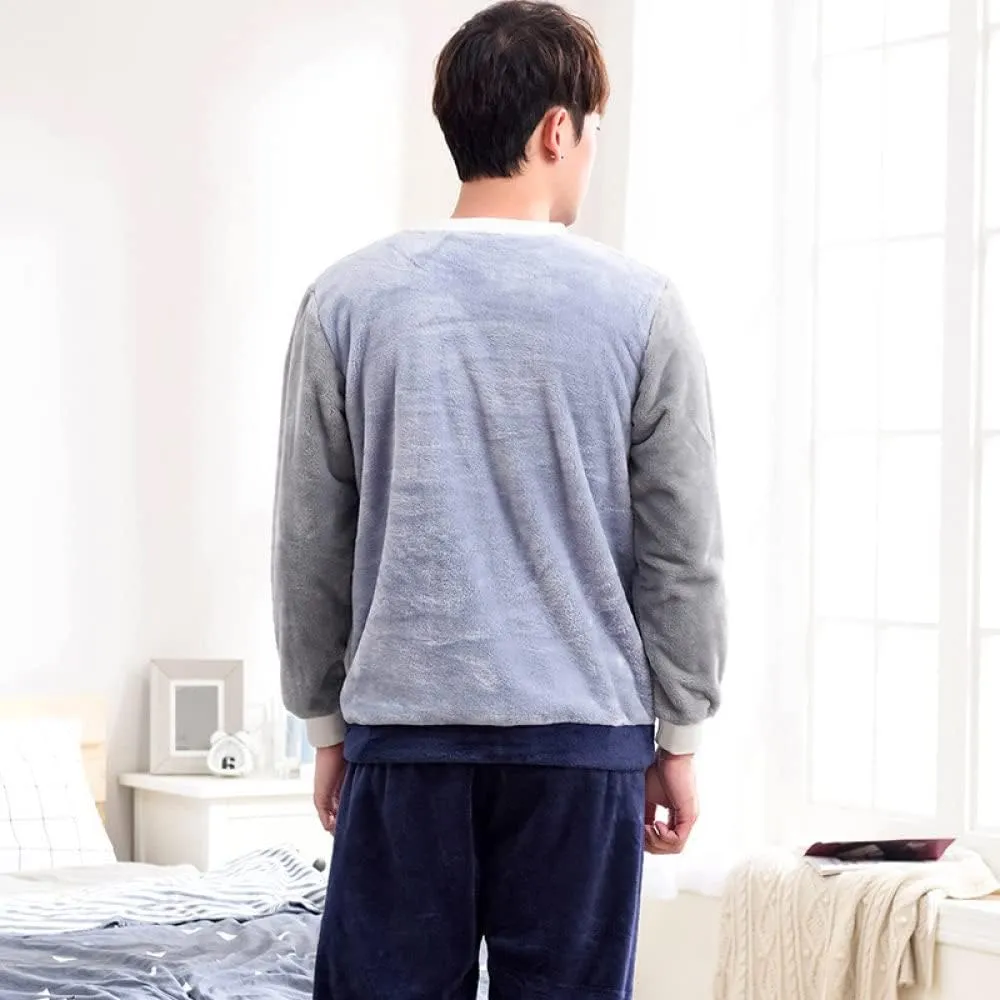 Men's Autumn and Winter Coral Fleece Thick Flannel Long-Sleeved Trousers Cute Cartoon Plush Pajamas Set Grey XL