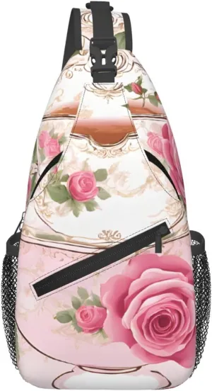 Men's Cross Chest Bag Diagonally (Tea Cups with Roses Romantic Shabby), Crossbody Shoulder Bag Travel Hiking Daypack for Women