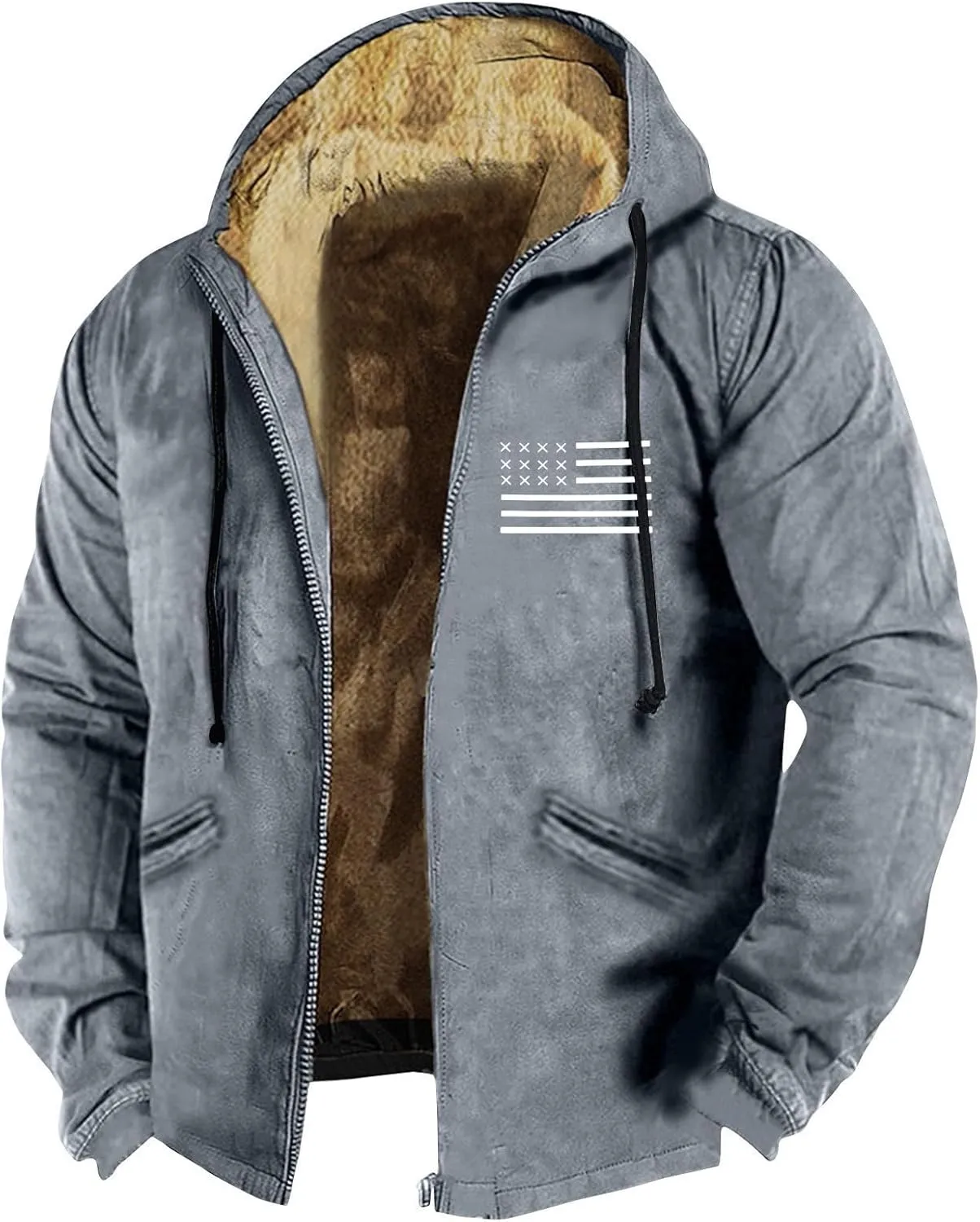Mens Fuzzy Sherpa Jacket Long Sleeve Fleece Zip Up Coat Parka Warm Over Outerwear Windbreaker Casual Hoodies Hooded