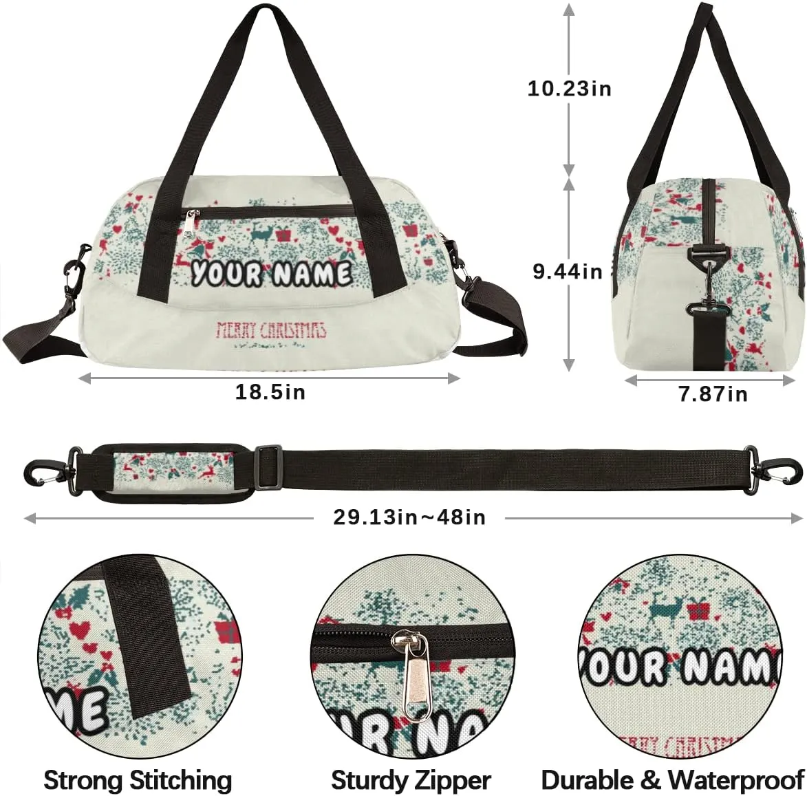 Merry Christmas Happy New Year Personalized Kids Duffel Bag for Girls Boys, Christmas Debris Custom Name Dance Bag Overnight Small Duffel Bag Carry On Weekend Sports Travel Bag for School Practice Gymnastics Ballet