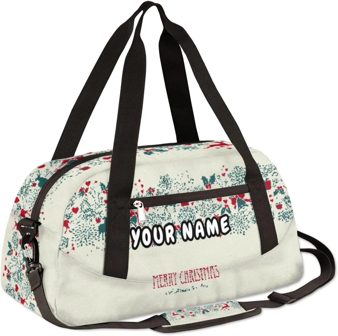 Merry Christmas Happy New Year Personalized Kids Duffel Bag for Girls Boys, Christmas Debris Custom Name Dance Bag Overnight Small Duffel Bag Carry On Weekend Sports Travel Bag for School Practice Gymnastics Ballet