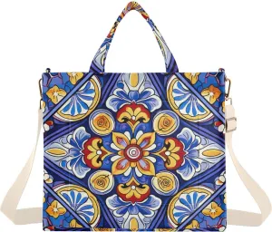 Mexican Ceramic Tile Corduroy Tote Bag for Women Hobo Crossbody Bag Purse Stylish Shoulder Handbag Messenger Bags, S