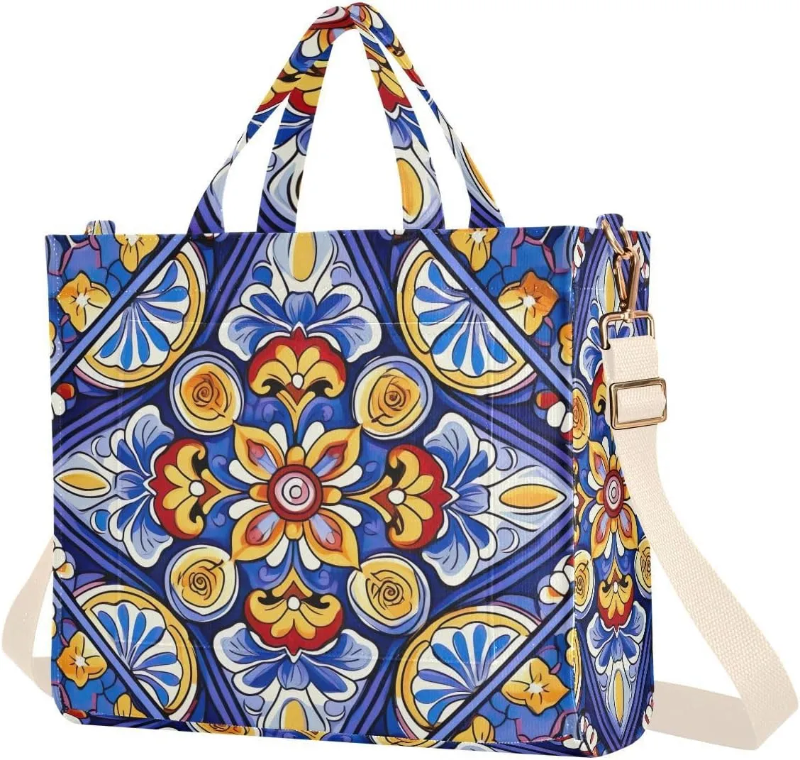 Mexican Ceramic Tile Corduroy Tote Bag for Women Hobo Crossbody Bag Purse Stylish Shoulder Handbag Messenger Bags, S