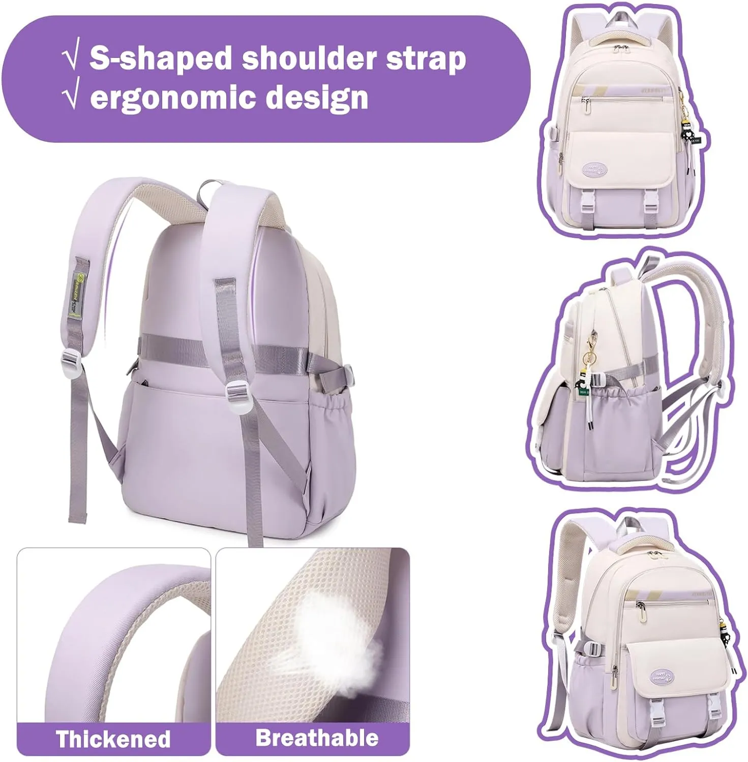 Mildame Backpacks for Girls Set, Aesthetic Backpack for Teens, Lightweight Classic Backpack for Kids, 3Pcs Boys Girls Bookbags with Cute Pendant
