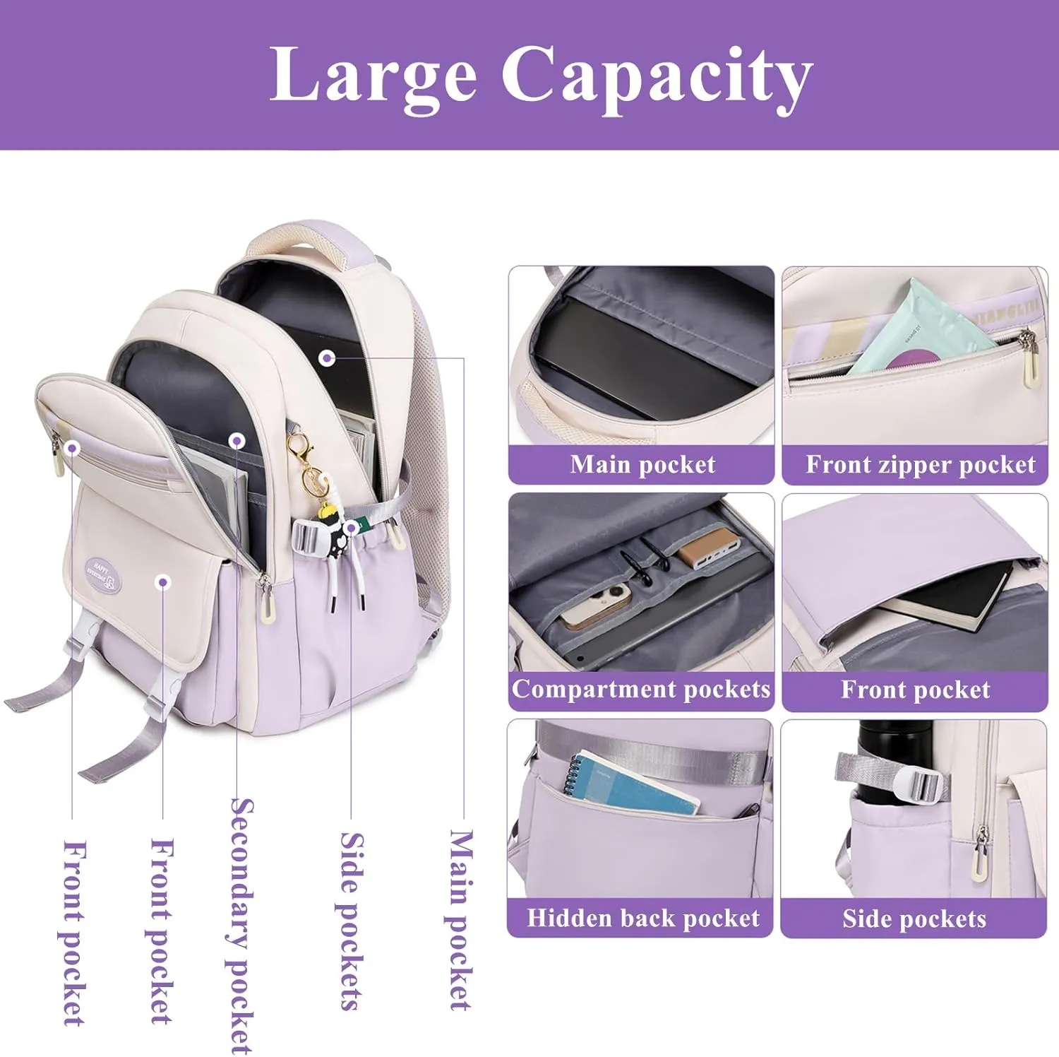 Mildame Backpacks for Girls Set, Aesthetic Backpack for Teens, Lightweight Classic Backpack for Kids, 3Pcs Boys Girls Bookbags with Cute Pendant
