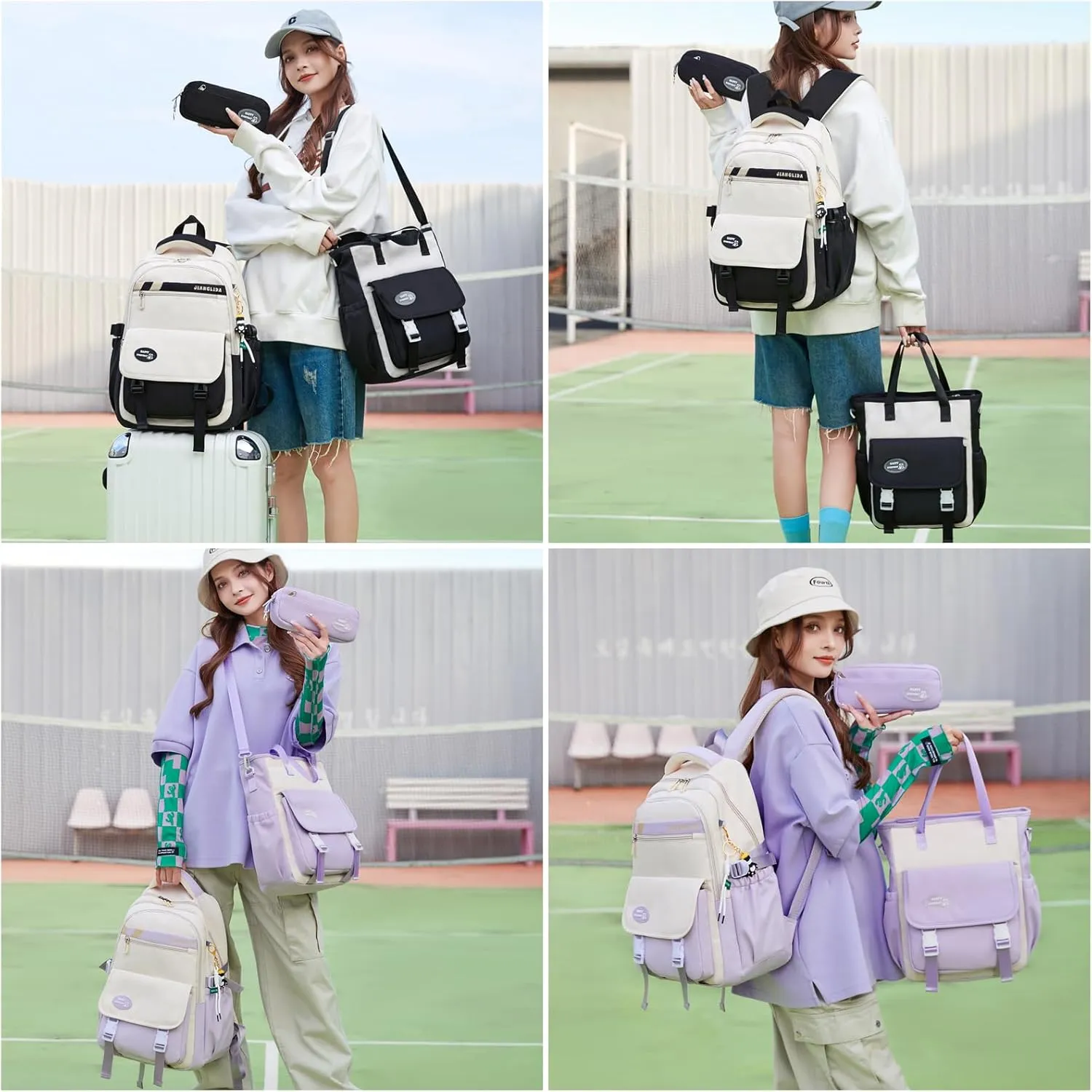 Mildame Backpacks for Girls Set, Aesthetic Backpack for Teens, Lightweight Classic Backpack for Kids, 3Pcs Boys Girls Bookbags with Cute Pendant