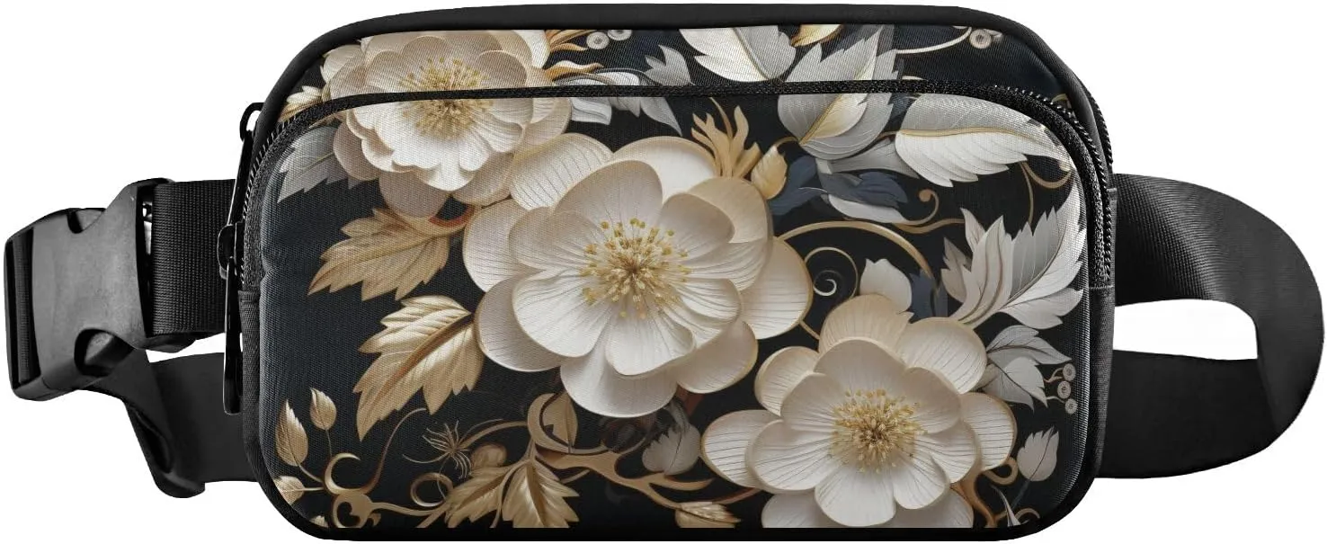 Mini Belt Bag Waist Packs Waist Pouch Crossbody Bags White Flower Carved for Workout Running Travelling Hiking