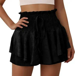 Mokkpeq Women's Beach Skorts with Lining | High Waist Lace Up Tiered-Ruffled Shorts | Summer Casual Layered Yoga Skirt Shorts