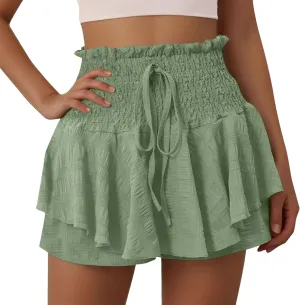 Mokkpeq Women's Beach Skorts with Lining | High Waist Lace Up Tiered-Ruffled Shorts | Summer Casual Layered Yoga Skirt Shorts
