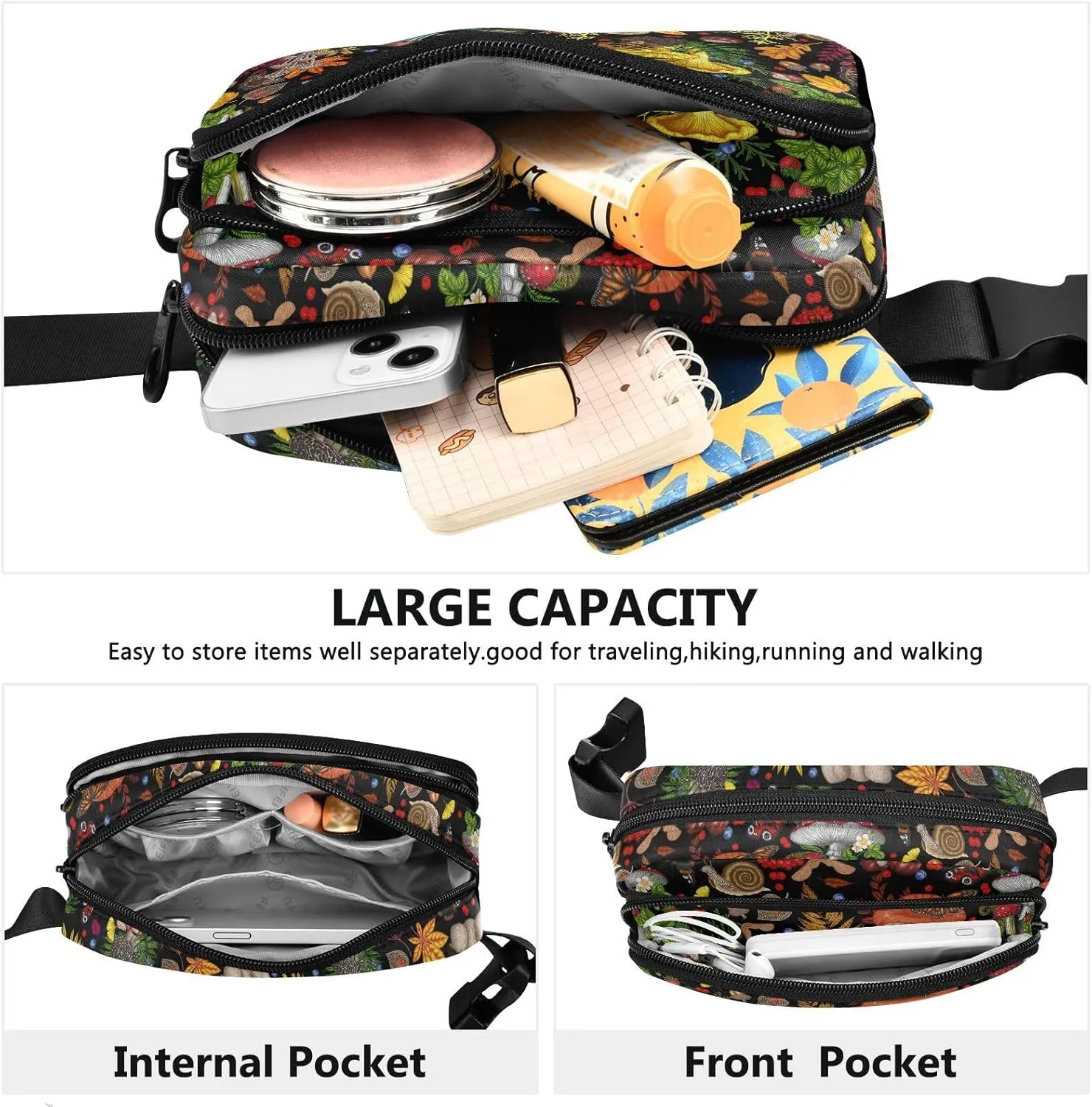 Mushroom Snail Butterflies Fanny Packs for Women & Men Waterproof Waist Pack Fashion Casual Crossbody Bags Hip Bum Bag with Adjustable Strap Hands Free for Outdoors, Hiking, Running, Travel