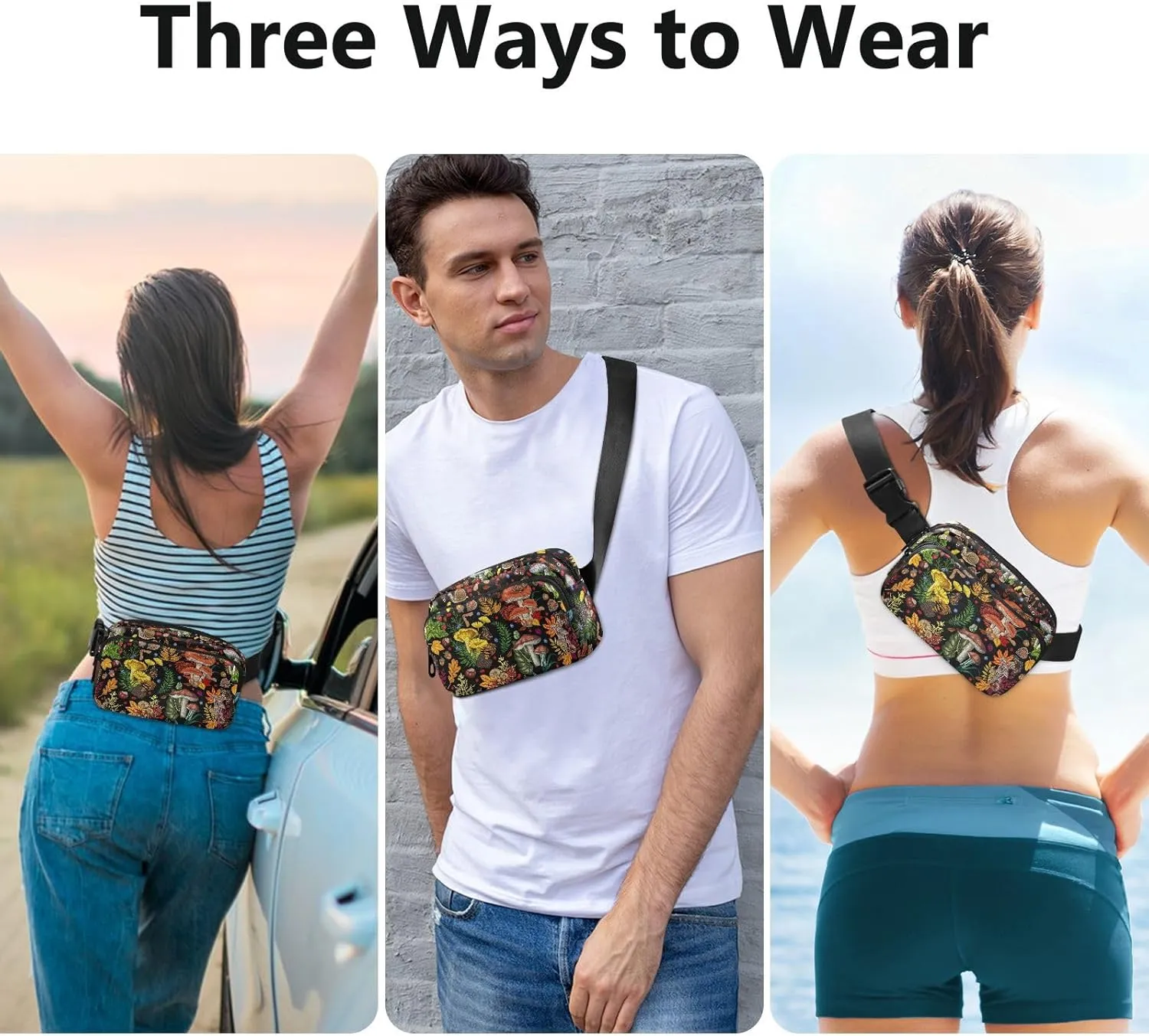 Mushroom Snail Butterflies Fanny Packs for Women & Men Waterproof Waist Pack Fashion Casual Crossbody Bags Hip Bum Bag with Adjustable Strap Hands Free for Outdoors, Hiking, Running, Travel