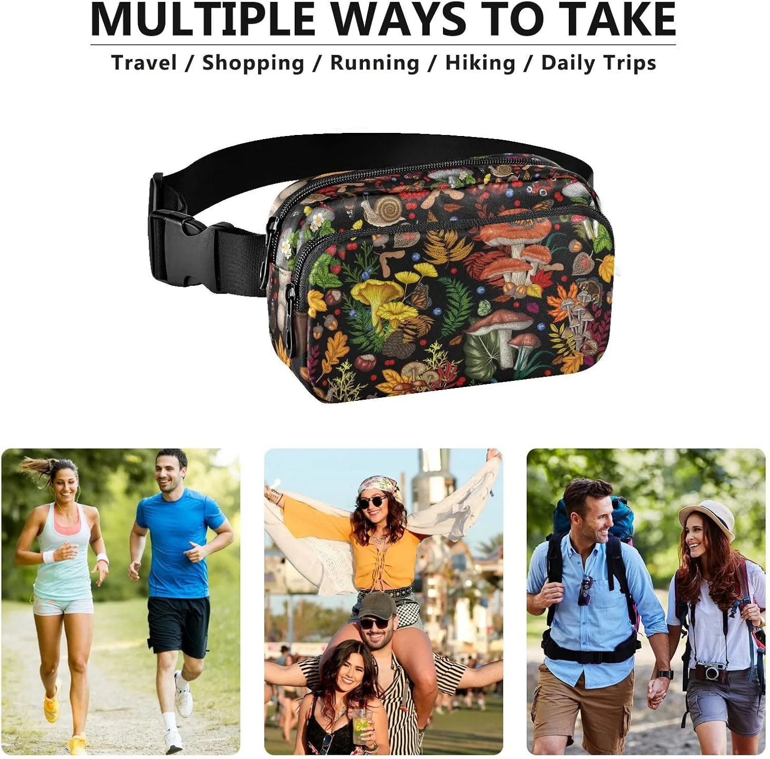 Mushroom Snail Butterflies Fanny Packs for Women & Men Waterproof Waist Pack Fashion Casual Crossbody Bags Hip Bum Bag with Adjustable Strap Hands Free for Outdoors, Hiking, Running, Travel