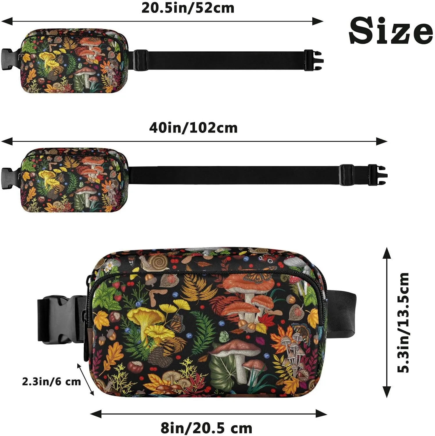 Mushroom Snail Butterflies Fanny Packs for Women & Men Waterproof Waist Pack Fashion Casual Crossbody Bags Hip Bum Bag with Adjustable Strap Hands Free for Outdoors, Hiking, Running, Travel