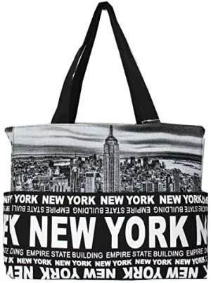 New York Skyline Canvas Tote Shoulder Bag, Black, One Size