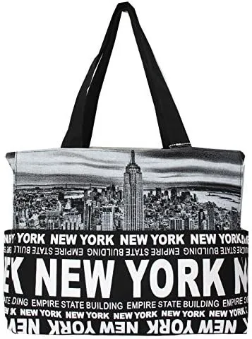 New York Skyline Canvas Tote Shoulder Bag, Black, One Size