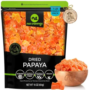 NUT CRAVINGS Dry Fruits - Sun Dried Papaya Chunks, (16oz - 1 LB) Packed Fresh in Resealable Bag - Sweet Snack, Healthy Food, Naturally Grown, Vegan, Kosher Certified